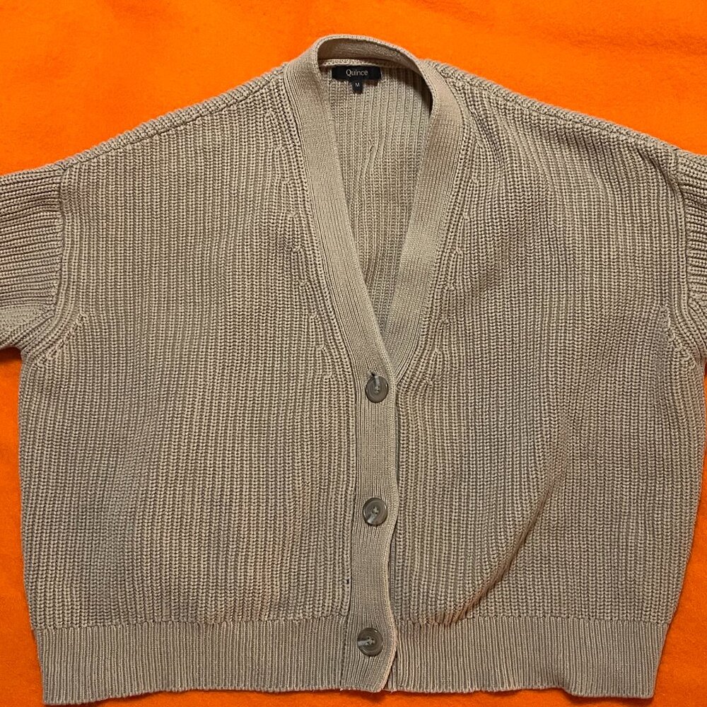 Camel, cotton, cropped cardigan from Quince